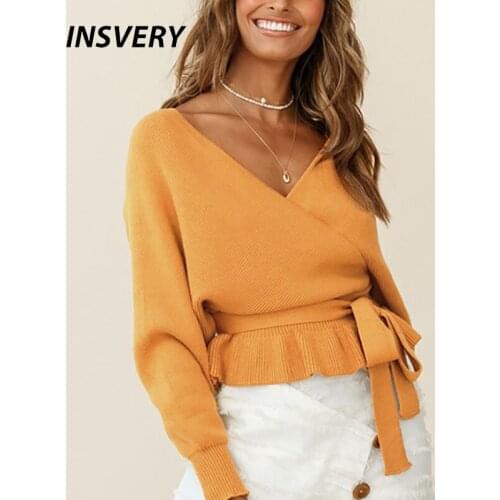 Spring Autumn Women Knitted Jumper Long Sleeve Shirt Women V Neck Bandage Ruffle Design Slim Solid Blouse Shirts For Women