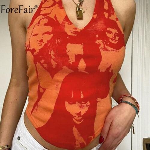 Forefair Halter Neck Green Sexy Crop Top Y2k Summer Backless Print Red Off Shoulder V Neck Sleeveless Casual Women Tank Top 2021