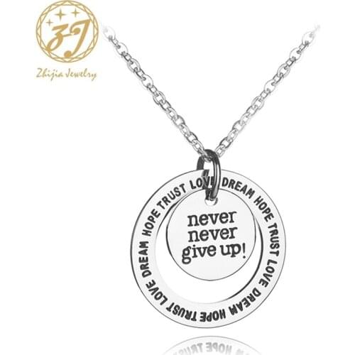 Zhijia jewelry never never give up Pendant Choker Statement Silver Stainless Steel Necklace For Women Dress Accessories