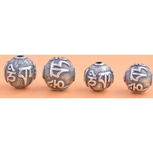 100% S999 Sterling Silver Six Word Buddhism Fit Original Bracelet Necklace Charm Vintage Lucky String Beads Ball Jewelry Making