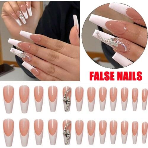 24pcs/Box Detachable Butterfly Rhinestone Ballerina False Nails With Glue Wearable Long Coffin Fake Nails Full Cover Nail Tips