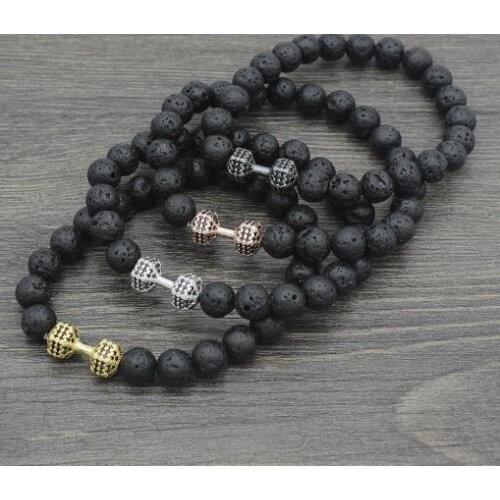 8mm xf2 Dumbbell micro pave cz zircon elastic thread black volcanic lava Stone bead essential oils diffuser Bracelet