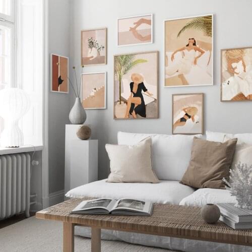 Cat Palm Leaf Beach Girl Illustration Abstract Art Canvas Painting Nordic Posters And Prints Wall Pictures For Living Room Decor