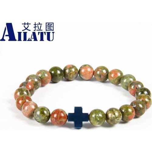 Ailatu New Trendy Lover Couple Jewelry 8mm Natural Stone Lucky Cross Bracelet Jewelry