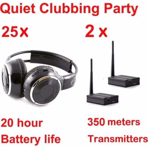 Silent Disco complete equipment black folding wireless headphones - Quiet Clubbing Party Bundle (25Headphones + 2 Transmitters)