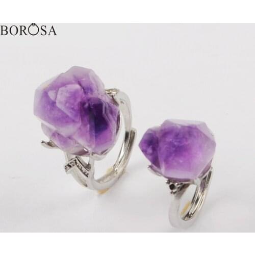 BOROSA 10Pcs Silver Plated Natural Amethysts Faceted Open Rings Mixed Different Bezel Claw Purple Crystal Quartz Rings ZG0432