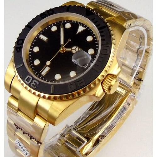 40mm Sterile Dial Sapphire Glass Date Bracelet Yellow Gold Plated Ceramic Bezel NH35A MIYOTA 8215 Automatic Movement Mens Watch