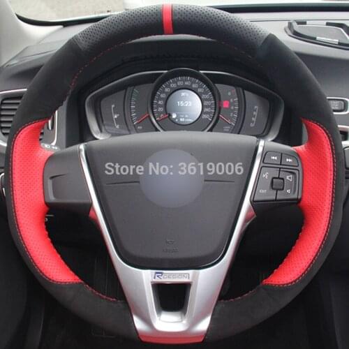 For Volvo S60 V40 V60 V70 2014 XC60 DIY Steering Wheel Cover Wrap Black Suede Black Red Leather Hand Sewing