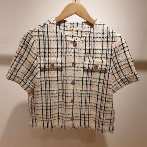 Womens woven plaid jacket short-sleeved V-neck woolen plaid jacket French brand commuter office jacket women