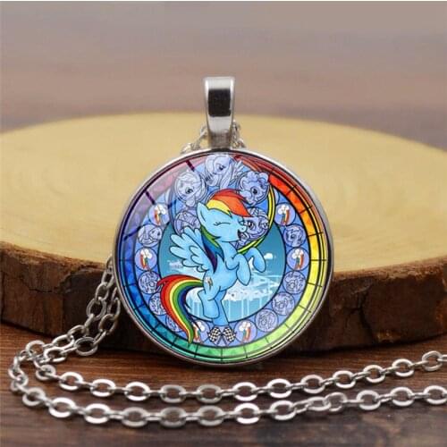 FIMAODZ Cute My Little Ponys Necklace Cartoon Unicorn Glass Art Photo Silver Black Chain Pendant for Kids Birthday Gift Jewelry
