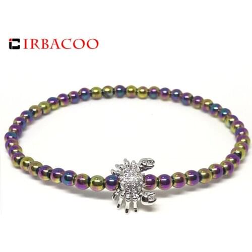 IRBACOO 2020 Trendy Women Bracelet 4mm Colorful Energy Hematite Beads Cubic Zirconia Crab For Women Jewelry Gift