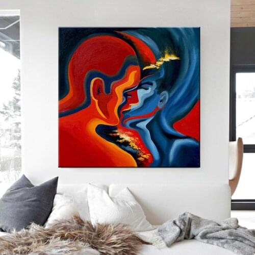 Nordic Love Men and Women Kissing Blue Red Minimalist Decoration Canvas Oil Painting Living Room Background Hanging Wall Canvas