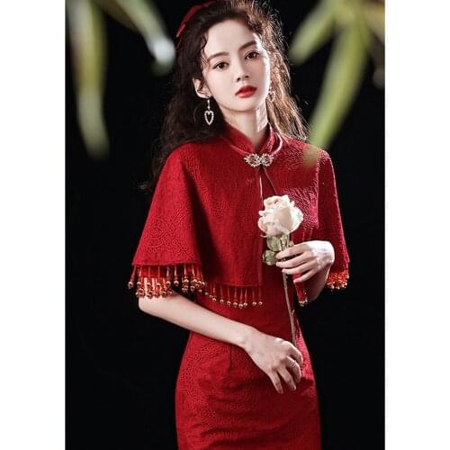 Chinese Dress Red Lace Shawl Dresses Wedding Cheongsam Qipao Cheongsams Traditional Oriental Dress Chinese Wedding Dress New