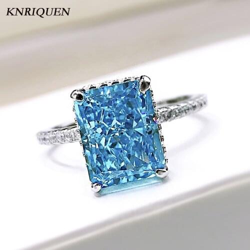 2021 Trend 8*10mm Aquamarine Topaz Pink Quartz High Carbon Diamond Rings for Women Wedding Engagement Party Band Fine Jewelry