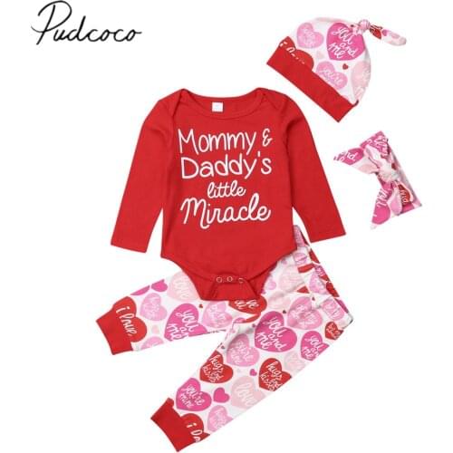 2019 Brand New Newborn Infant Kids Baby Girls Valentines Day Outfit Set 4PCS Letter Print Romper Tops+Long Pants+Hats+Headband