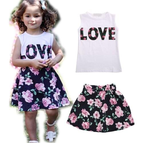 Children Girl Clothing Set White Sleeveless T-Shirt Floral Skirt Summer Baby Girl Fluffy Skirt Cotton Girl Vest 2pcs Streetwear