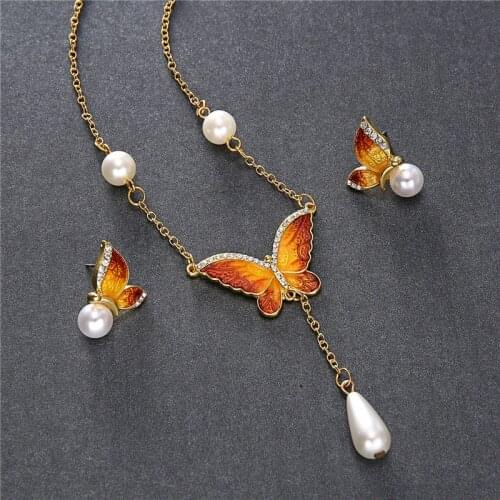 Animal Butterfly Jewelry Set Enamel Butterfly Earrings Necklace Pendant Sets Imitation Pearls Women Wedding Party Jewelry
