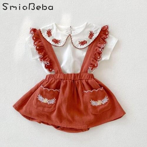 2021 Summer Baby Girls 2PCS Suits Embroidered T-shirt Top Blet With Suspender And Skirt Pants Girls Can Choose Two Pieces Sets