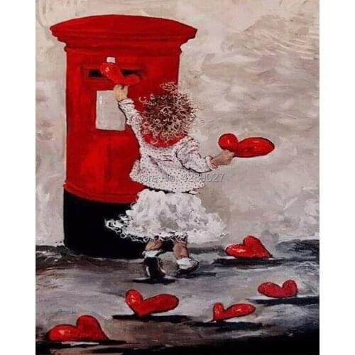 Little Girl,Red love,Red Mailbox,5D DIY Full Square & Round Drilll Diamond Painting Kits Cross Stitch,Mosaic Diamond Embroidery