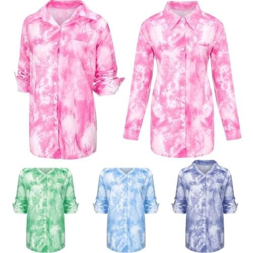 Fashion Women Long Sleeve Turn Down Collar Pocket Tie Dye Office Shirt Blouse