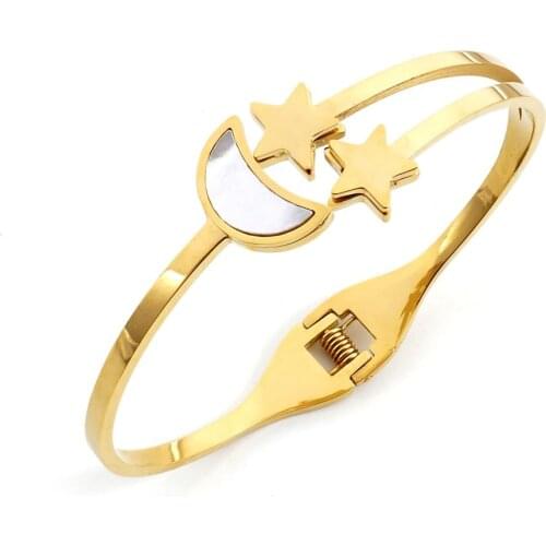 Trendy Stainless Steel Star Moon Bangles& Bracelets for Woman Gold Plating Shell Wristband Luxury Female Wedding Party Jewelry