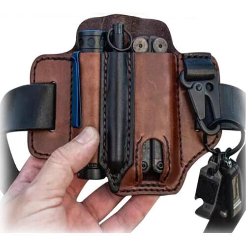 Multitool Leather Sheath EDC Organizer Tactical Knife Pen Mini Flashlight Belt Bag With Key Holder Army Fan Hunt Camping Tools