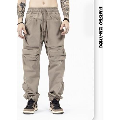 PRETO BRANCO Mens Clothing 2021 Summer New High Street Brand Solid Color Tactical Multi-pocket Functional Overalls Mens Loose