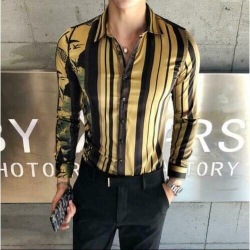Men New Trendy Long Sleeve Stripe Dress Shirt Business Nightclub Party Tops