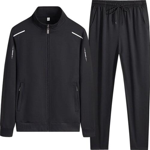 Mens Sports Set Jacket Trousers Two-Piece Spring Autumn Korean Solid Stand Collar Cardigan Long-Sleeve Top Elastic Waist Pants