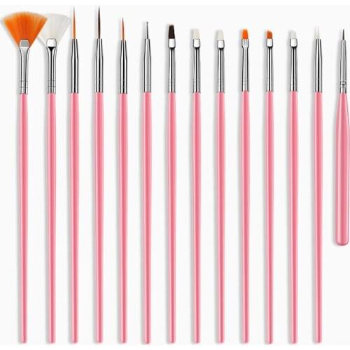 15pcs Professional Manicure Nail Art Brush Set Pink and White UV Gel Polish Design Drawing Pen Kits