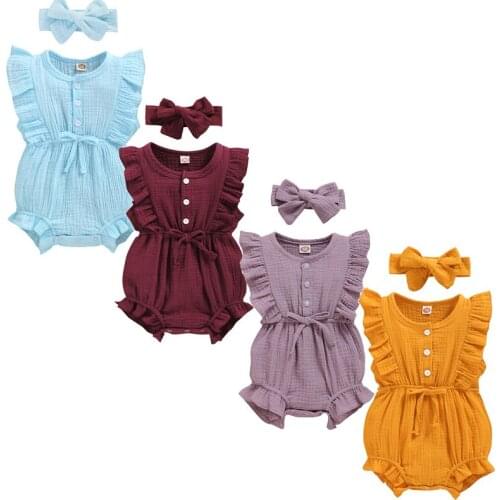 Newborn Baby Clothes Set Girl Baby Bodysuits Summer Sleeveless Ruffle Button Jumpsuit+Headband Set Baby Clothing Roupa Menina