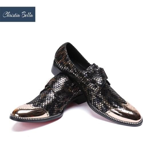 Christia Bella Luxury Shoes Men Brogue Shoes Shiny Genuine Leather Men Dress Shoes Buckle Strap Oxfords Shoes for Men Sapato