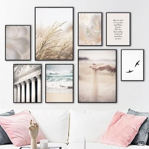 Sand Falling Reeds Mushroom Birds Beach Nordic Poster Wall Art Print Canvas Painting Wall Pictures For Living Room Decor TB228