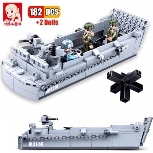 Sluban 182Pcs WW2 US Military Landing Craft Warship Building Blocks Navy Weapon Boat Bricks Set Soliders Models DIY Toys Chilren
