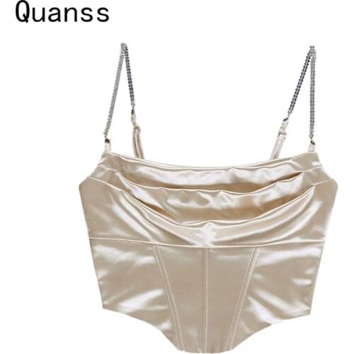 Quanss Crystal Metal Camis Tops Women Sexy Slim Elegant Corset 2021 Summer Strapless Crop Top Ladies Club Satin Tank Bustier