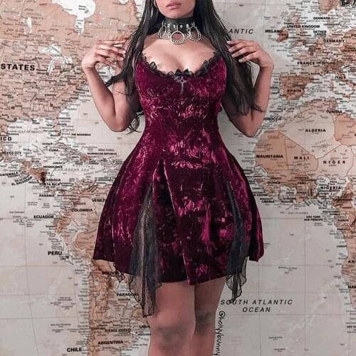 Mall Gothic Vintage Velvet Grunge Mini Dresses Women Sexy Low Cut High Waist Slit Dress Goth Lolita Noble Velvet Party Dresses