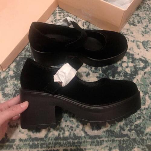 Women Pumps High Heel Platform Mary Jane Shoes Spring Fall Buckle Soft Leather Flock Comfort Student Shoes For Girls