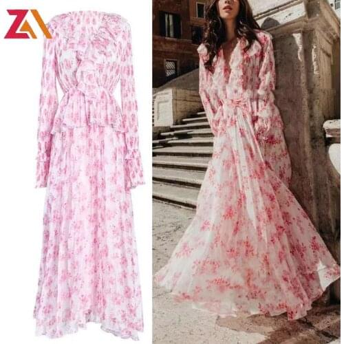ZALady Summer Beach Midi-long Dresses Sweet Pink Printed Flared Long Sleeves Ruffles Elegant Streewear Women Dress Femme robe