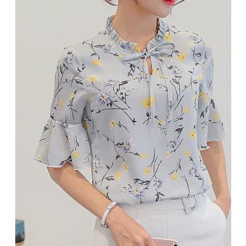 Women Blouses 2020 Chiffon Print Ruffles Sleeved Blusas Work Shirts For Womens Elegant Blouses Plus Size Female Summer Tops 014