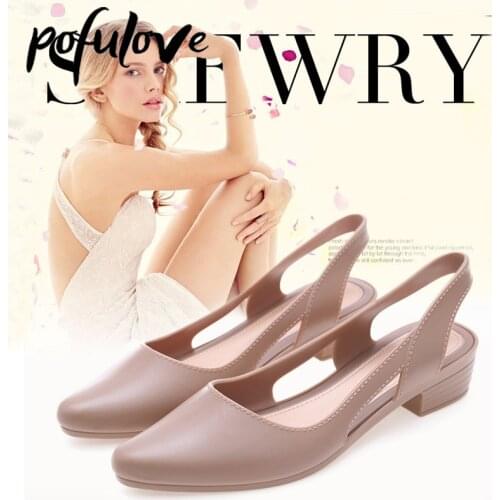 Pofulove Women Chunky Sandals Jelly Shoes Black Blue Square Heels Pumps Ladies Fashion Summer Luxury Party Shoes Wedges Zapato