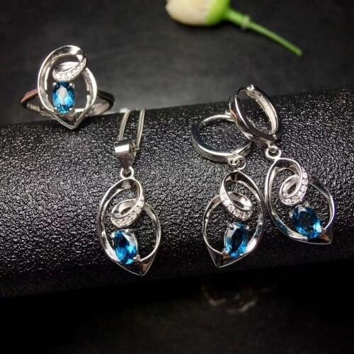 Natural blue topaz gem ring pendant earrings Natural Gemstone Jewelry Set S925 Silver Water drop surround Women party jewelry