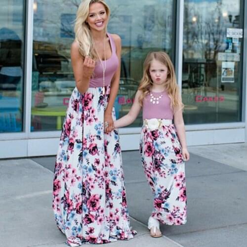 Family Floral Matching Outfits Women Girls Boho Maxi Long Floral Holiday Party Dress