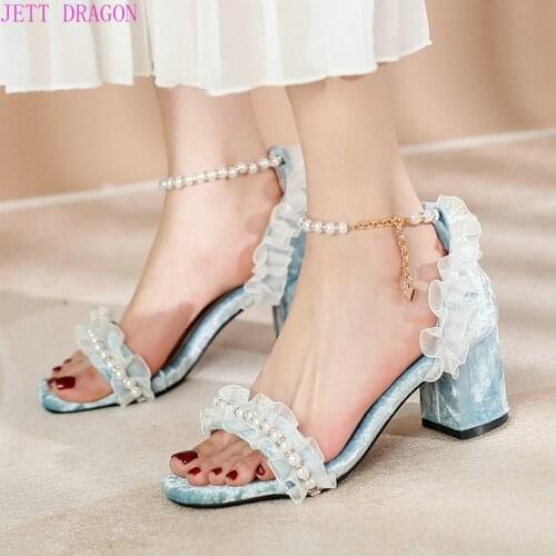2021 Faux Suede Summer Women High Heel Shoes Fashion Open Toe Square Heel Women Sandals Sweet String Bead Ladies Shoes Big Size