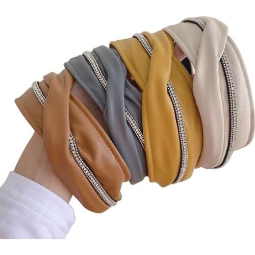 2021 Vintage PU Leather Rhinestone Bezel Hairband Women Turband Headband Girls Hair Accessories Opaska Do Wlosow Opaski Diademas