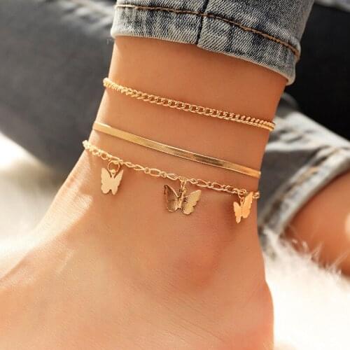 3pcs/Set Bohemian Gold Butterfly Chain Anklets For Women Multi-layer Anklet Beach Foot Jewelry Fashion Leg Ankle Bracelets