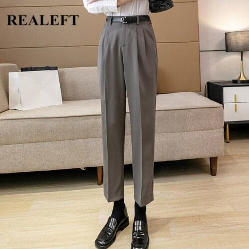 REALEFT Spring Autumn Formal Womens Pants with Belted 2021 New High Waist Solid Elegant Office Workwear Harem Trousers Female