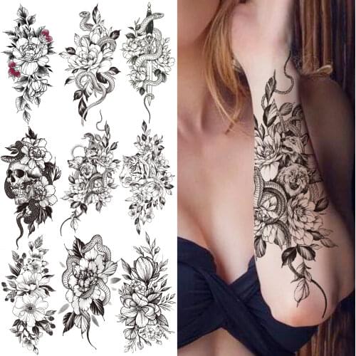 Flower Snake Temporary Tattoo For Women Girls Death Skull Fake Rose Tattoos Sticker Black Sweatpea Flora Water Transfer Tatoos