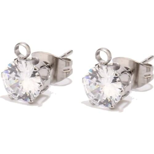 10pcs/lot Clear/Black Cubic Zircon Stainless Steel Silver Tone Earring Posts Jewelry Findings Components 6mm