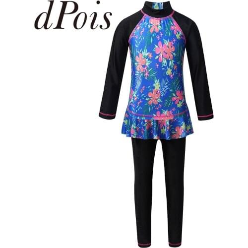 2PCS UPF 50+ Kids Swimwear Girls Floral Printed Long Sleeves Rash Guard Top with Pantskirt Set Swimsuit Bathing Suit Wetsuit