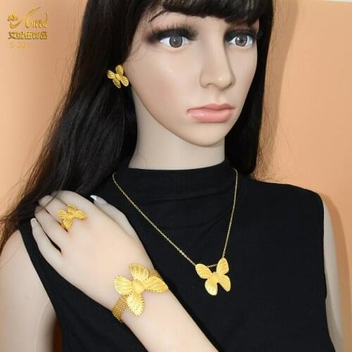 Ethiopian Jewellery Dubai Gold Bridal Jewelry Set Wedding Collection New Net Chain Butterfly Pendant Necklace Earrings For Women